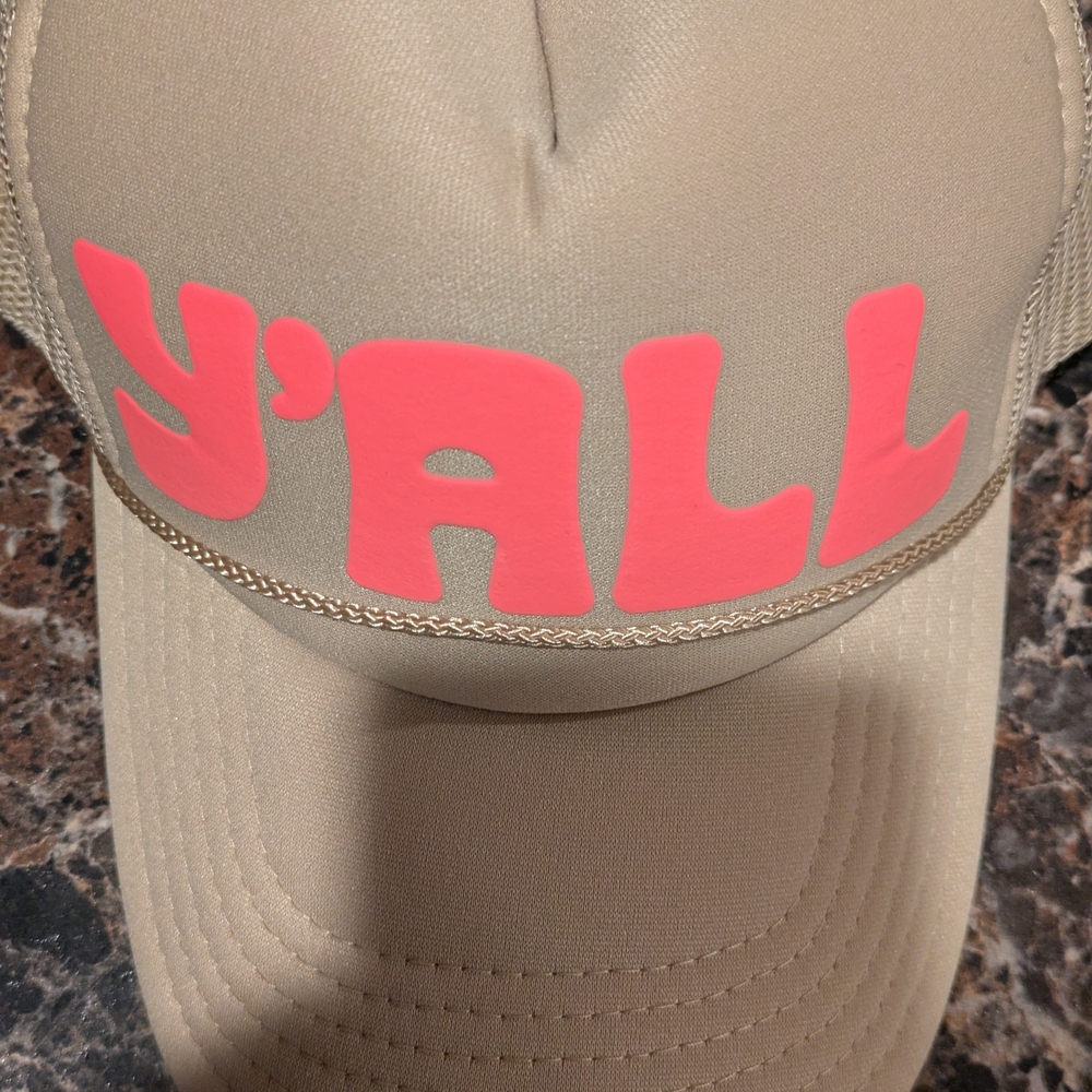 Tan Cap with Pink 'Y'ALL' Design
